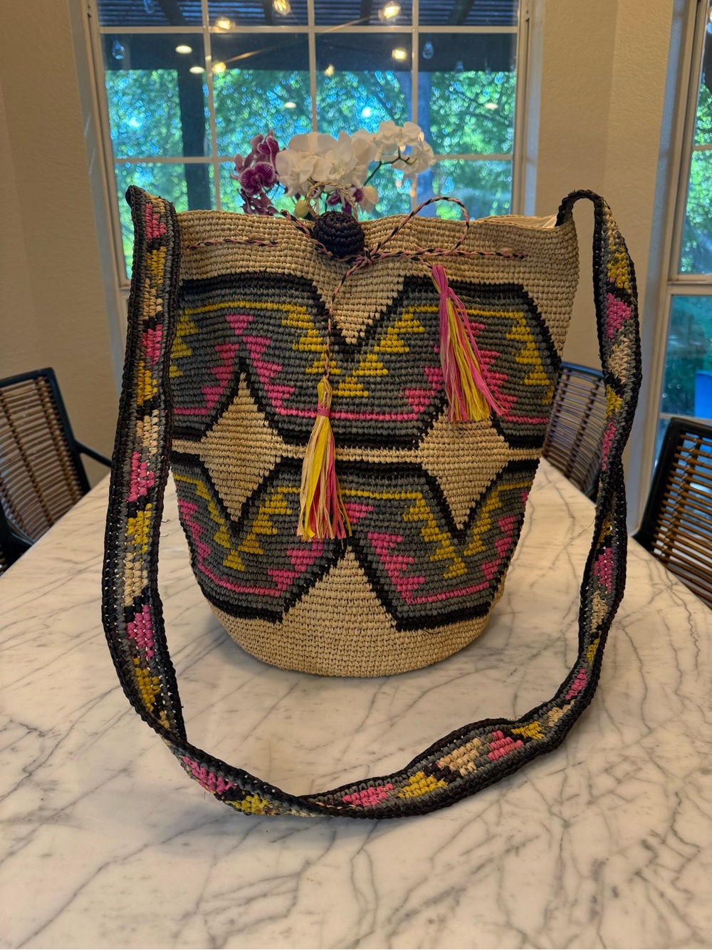 Free People Handwoven Straw Tote Bag with Pink & Yellow Geometric Pattern